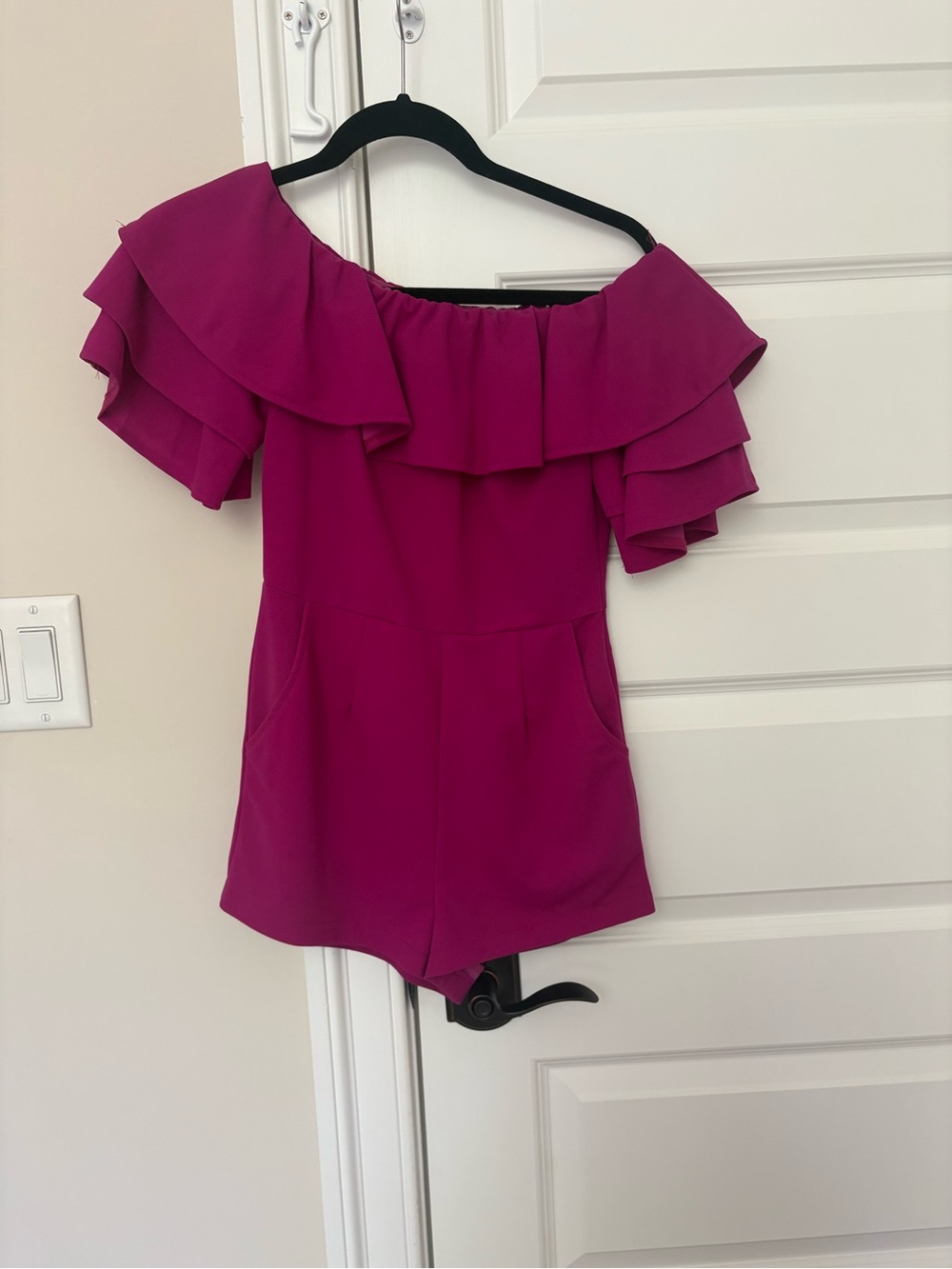 She + Sky Fuchsia Off-Shoulder Ruffle Romper